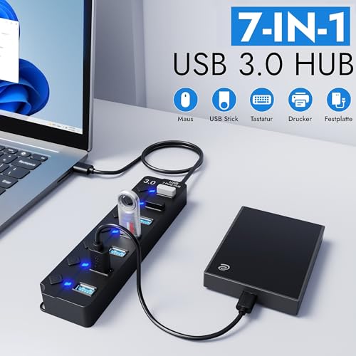 7-Port USB Hub 3.0 – USB Verteiler Multiport Adapter mit EIN/AUS Schalter und LED Anzeigen – USB Hub Splitter fur PC, Laptop, MacBook, USB Stick, Externe Festplatten und mehr