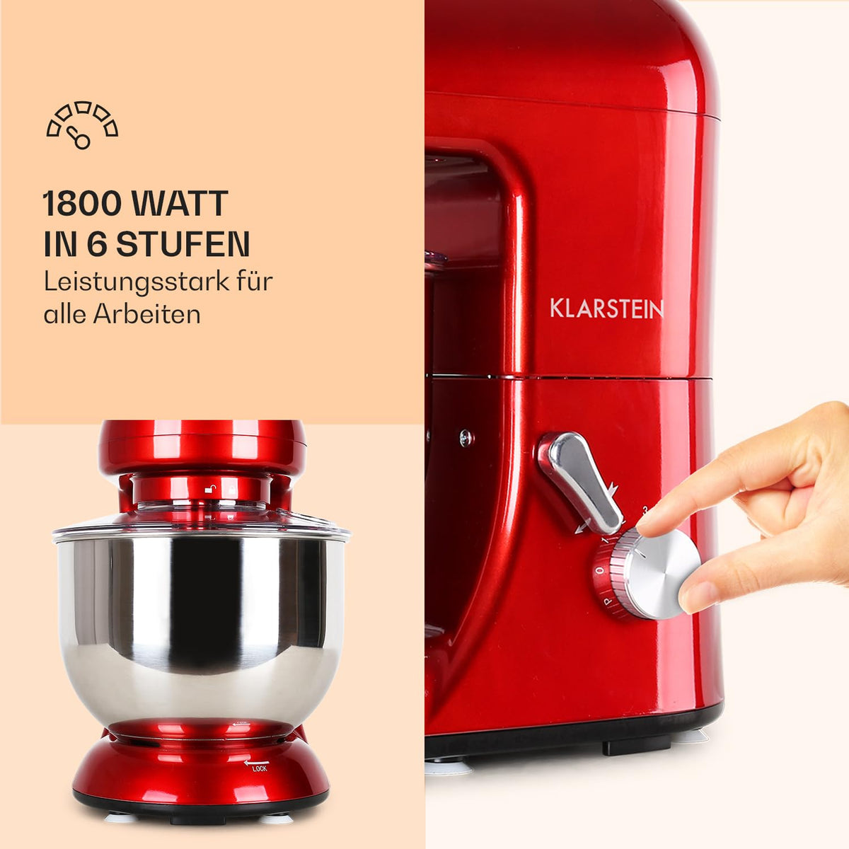 Klarstein Küchenmaschine, Knetmaschine mit 5L Schüssel, 2000W Profi Küchenmaschine mit Knethaken und Schneebesen, Universal 6 Stufen, Teigmaschine zum Rühren, Kneten und Aufschlagen