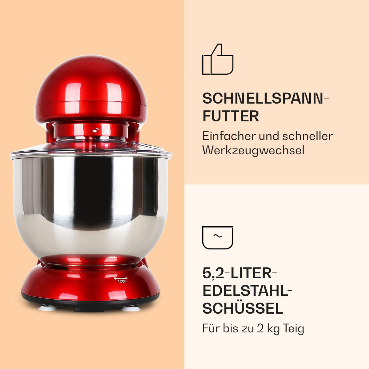 Klarstein Küchenmaschine, Knetmaschine mit 5L Schüssel, 2000W Profi Küchenmaschine mit Knethaken und Schneebesen, Universal 6 Stufen, Teigmaschine zum Rühren, Kneten und Aufschlagen