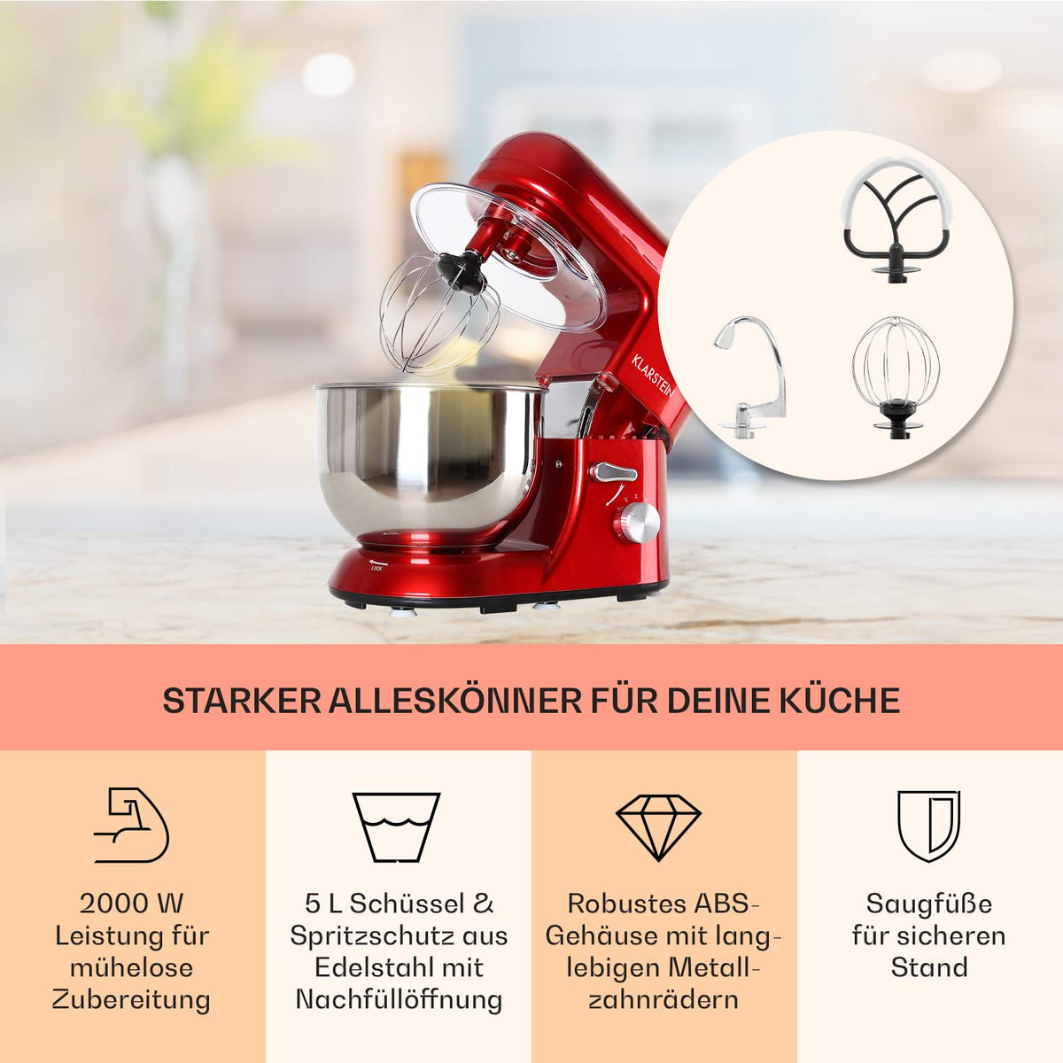 Klarstein Küchenmaschine, Knetmaschine mit 5L Schüssel, 2000W Profi Küchenmaschine mit Knethaken und Schneebesen, Universal 6 Stufen, Teigmaschine zum Rühren, Kneten und Aufschlagen
