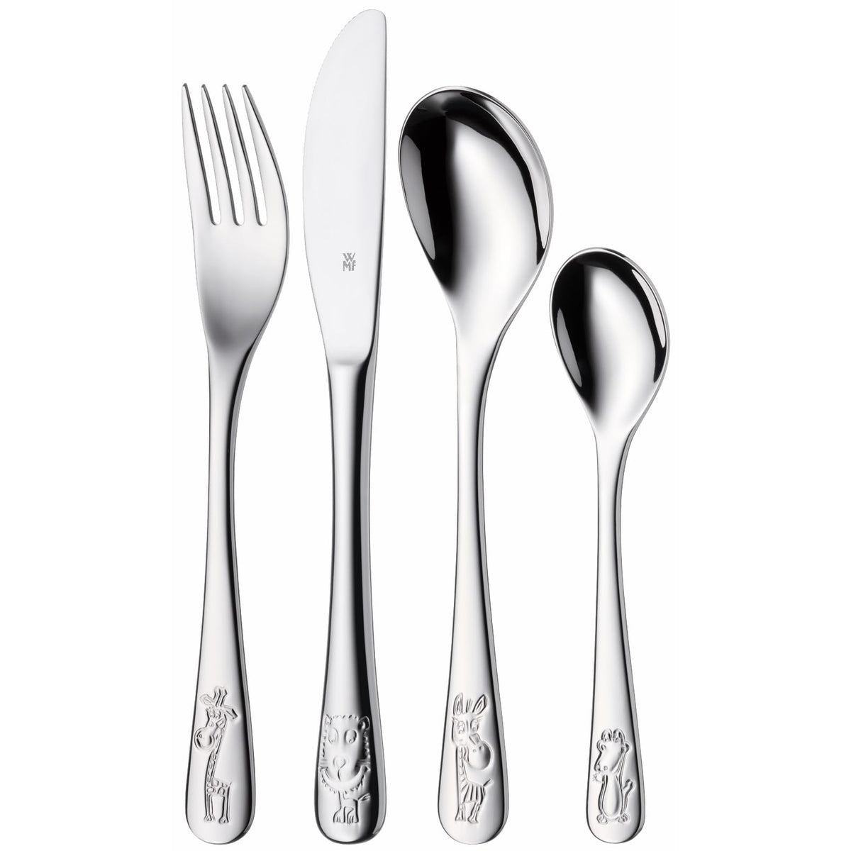 WMF Safari Kinderbesteck Set 4-teilig, Besteck Kinder Edelstahl, Kinderbesteck ab 3 Jahre, Cromargan poliert, spülmaschinengeeignet, Kids Safari, Ohne Gravur