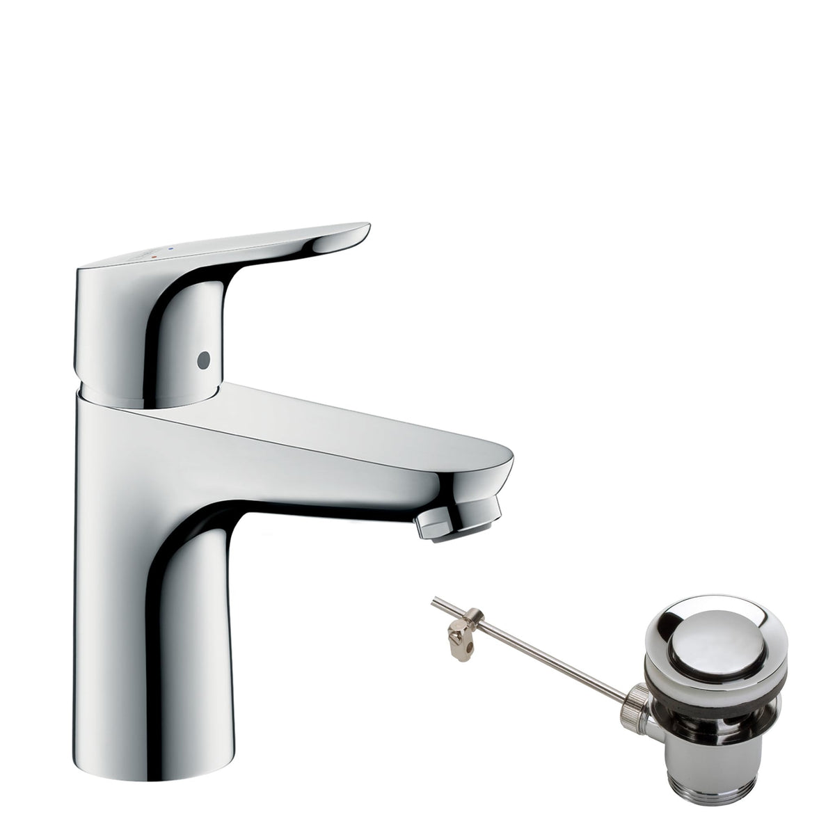 hansgrohe Focus - Waschtischarmatur mit Zugstangen-Ablauf, Wasserhahn Bad mit Auslauf Höhe 94 mm, Mischbatterie Waschbecken wassersparend (EcoSmart), Chrom, 31607000