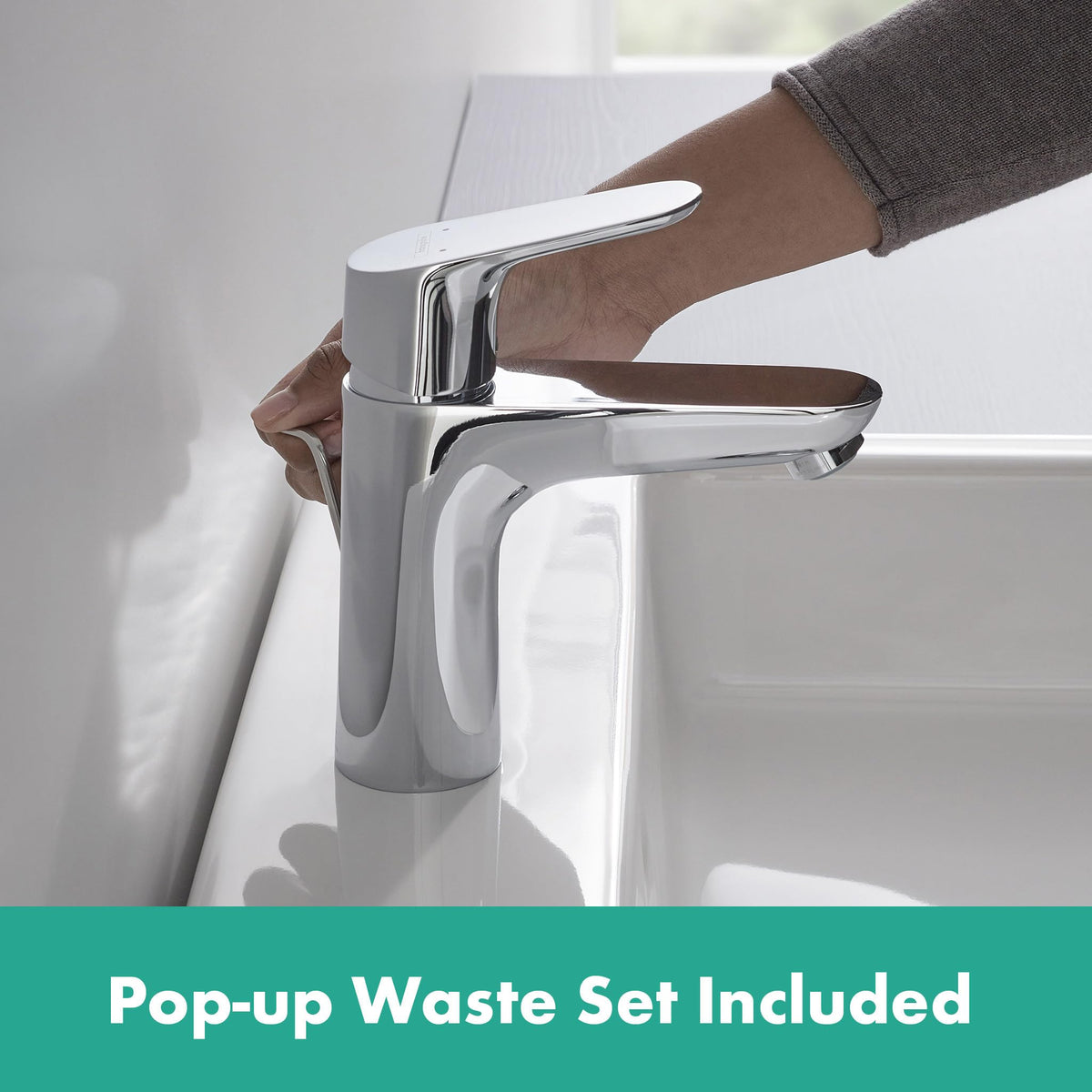 hansgrohe Focus - Waschtischarmatur mit Zugstangen-Ablauf, Wasserhahn Bad mit Auslauf Höhe 94 mm, Mischbatterie Waschbecken wassersparend (EcoSmart), Chrom, 31607000