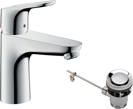hansgrohe Focus - Waschtischarmatur mit Zugstangen-Ablauf, Wasserhahn Bad mit Auslauf Höhe 94 mm, Mischbatterie Waschbecken wassersparend (EcoSmart), Chrom, 31607000