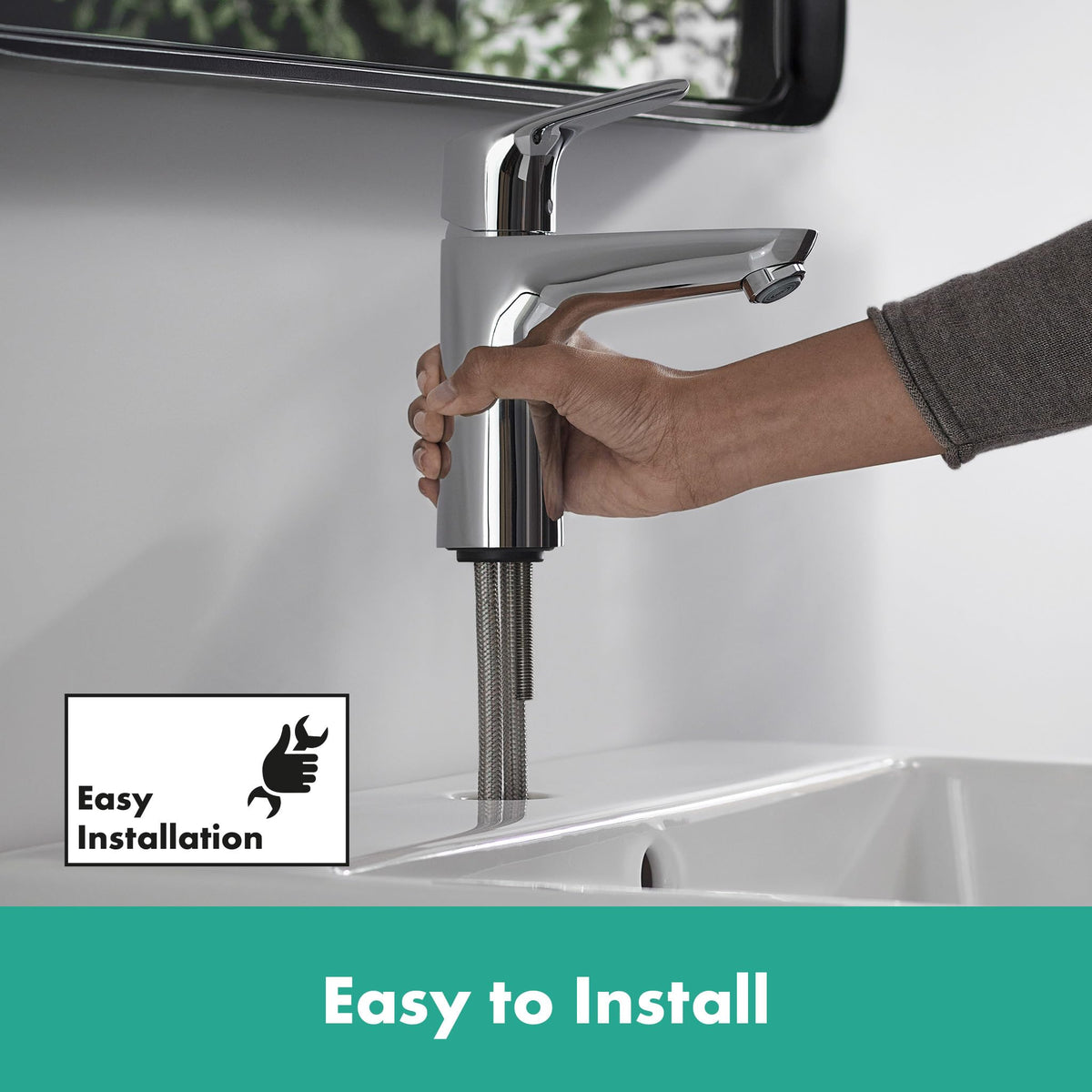 hansgrohe Focus - Waschtischarmatur mit Zugstangen-Ablauf, Wasserhahn Bad mit Auslauf Höhe 94 mm, Mischbatterie Waschbecken wassersparend (EcoSmart), Chrom, 31607000