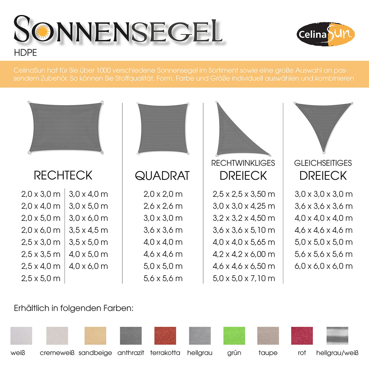 CelinaSun Sonnensegel inkl Befestigungsseile Premium HDPE wetterbeständig atmungsaktiv Rechteck 3 x 4 m anthrazit