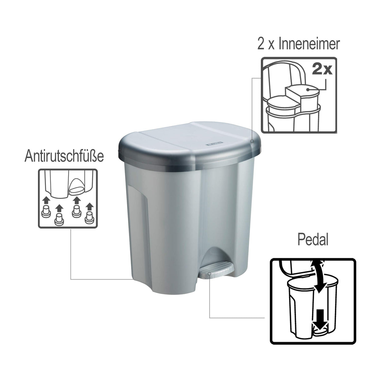 Rotho Duo Mülleimer Küche 2 x 10 L Mülleimer 2 Fächer mit Deckel Silber