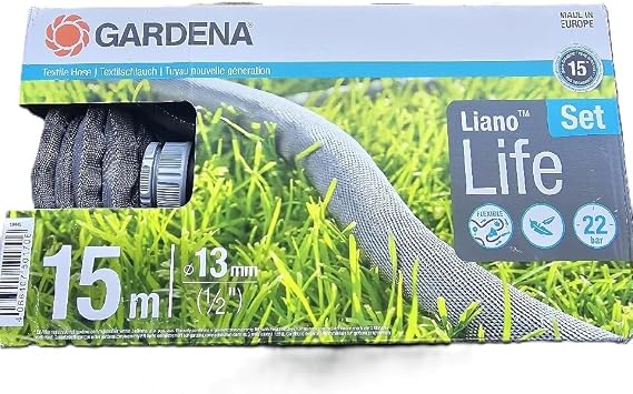 Gardena Liano Life Textilschlauch 1/2 Zoll, 15m Set: Hochflexibler Gartenschlauch aus Textilgewebe, mit PVC-Innenschlauch, kein Abknicken, leichtgewichtig, wetterbeständig (18445-20)