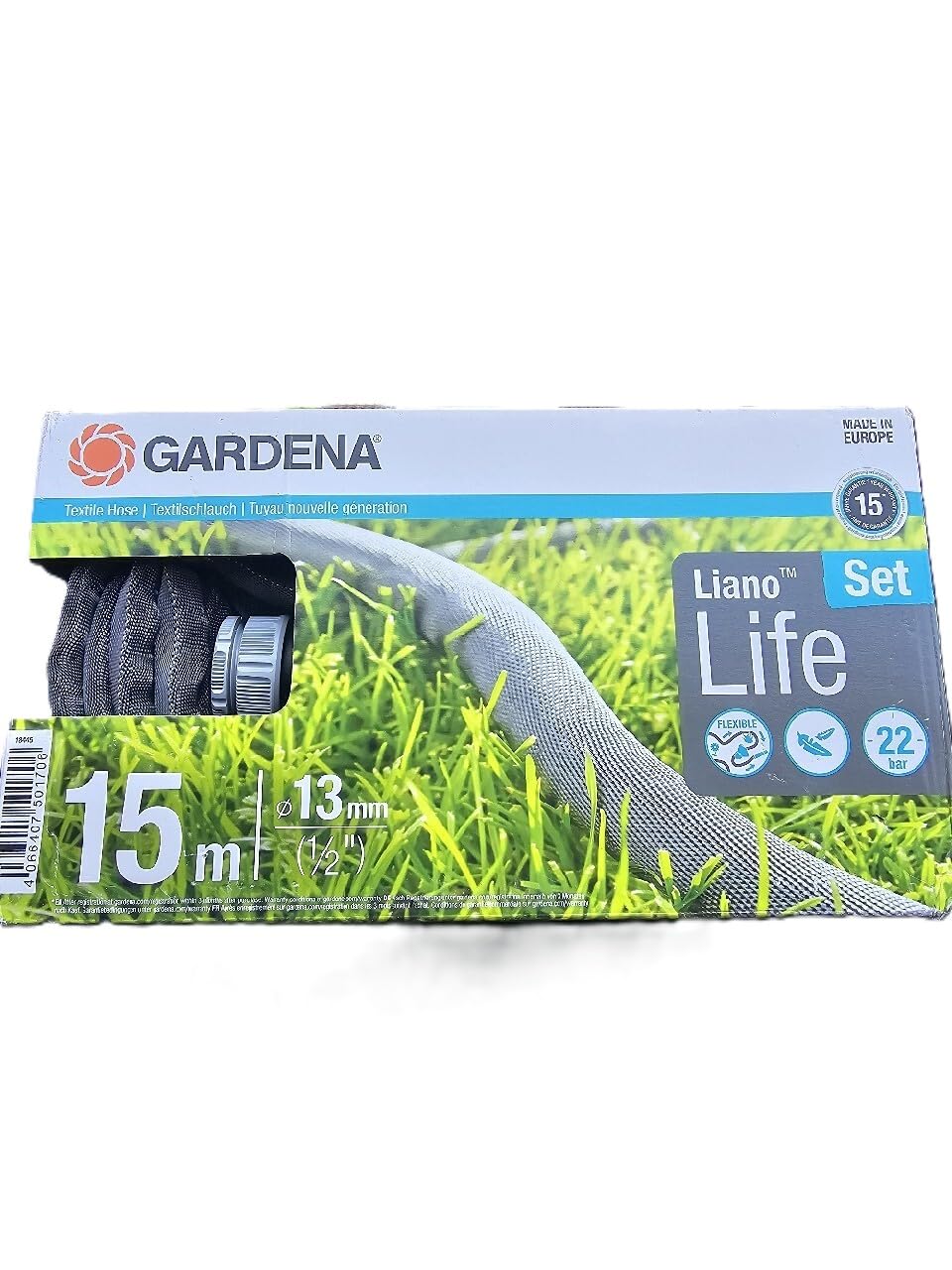 Gardena Liano Life Textilschlauch 1/2 Zoll, 15m Set: Hochflexibler Gartenschlauch aus Textilgewebe, mit PVC-Innenschlauch, kein Abknicken, leichtgewichtig, wetterbeständig (18445-20)