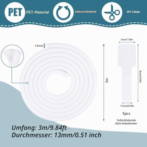 Selbstschließend Kabelschlauch, 13mm-3M Flexibler Gewebter Kabelmantel Zuschneidbare Kabelverwaltung Kabelschläuche, für Schreibtisch TV Computer Automobilkabel Bissfest für Katze Hund, Weiß