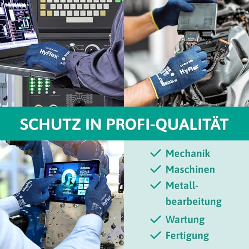 Ansell HyFlex 11-618 Mechaniker- Nylon Handschuhe, Abriebfeste Schutzhandschuhe mit PU-Beschichtung, Sicherheitshandschuhe für Präzisionsarbeiten, Touchscreen-Arbeitshandschuhe, 12 Paar, Gr. XL