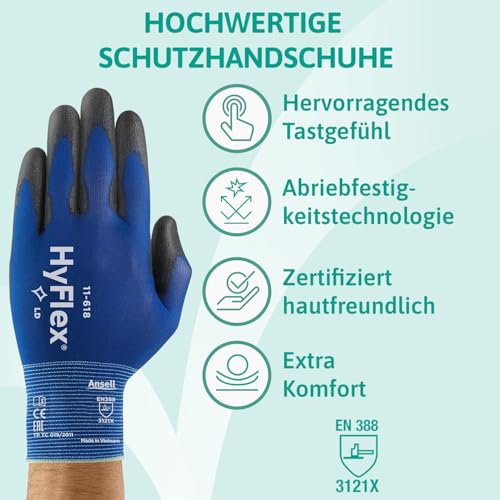 Ansell HyFlex 11-618 Mechaniker- Nylon Handschuhe, Abriebfeste Schutzhandschuhe mit PU-Beschichtung, Sicherheitshandschuhe für Präzisionsarbeiten, Touchscreen-Arbeitshandschuhe, 12 Paar, Gr. XL