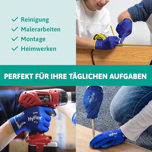 Ansell HyFlex 11-618 Mechaniker- Nylon Handschuhe, Abriebfeste Schutzhandschuhe mit PU-Beschichtung, Sicherheitshandschuhe für Präzisionsarbeiten, Touchscreen-Arbeitshandschuhe, 12 Paar, Gr. XL