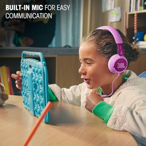 JBL Junior 320, On-Ear-Kopfhörer mit Kabel und eingebautem Mikrofon für Kinder, JBL Safe Sound, niedriger Lautstärke, 12 mm Soft Pad und Sticker-Set, tragbares Design, Lila