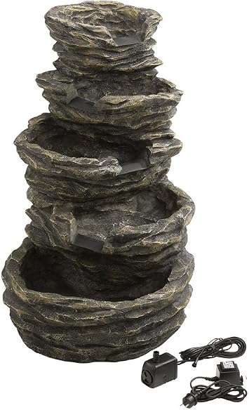 Dehner Gartenbrunnen Roccia mit LED Beleuchtung, Steinoptik, ca. 99 x 65 x 62 cm, 22 kg, Polyresin, grau