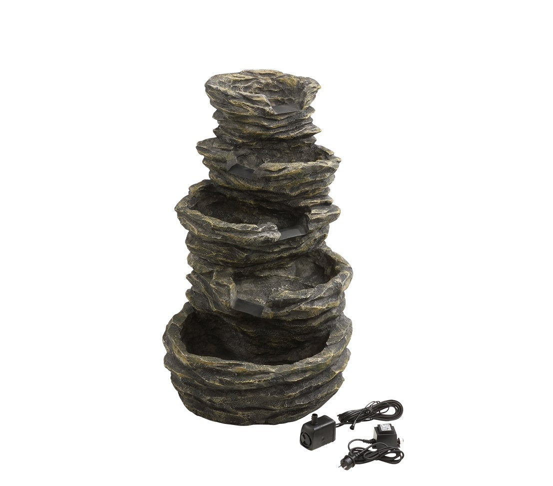 Dehner Gartenbrunnen Roccia mit LED Beleuchtung, Steinoptik, ca. 99 x 65 x 62 cm, 22 kg, Polyresin, grau