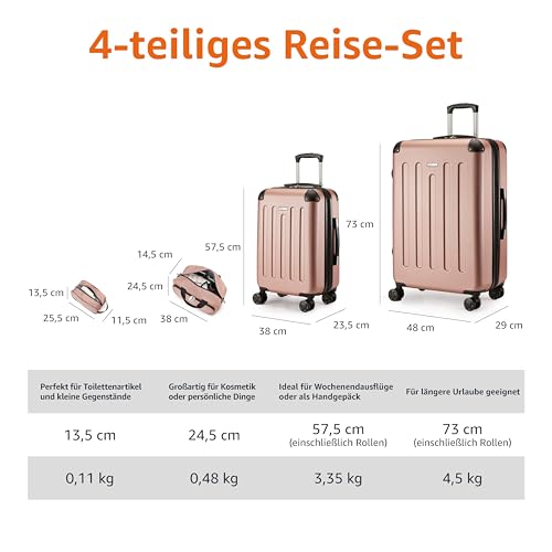 Amazon Basics Hartschalenkoffer-Set, 4Stück, Großer Koffer, Handgepäckkoffer, Tragetasche, Kompakte Reisetasche, Erweiterbar, 4 Spinner-Räder, Roségold