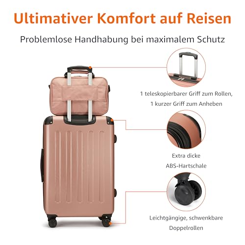 Amazon Basics Hartschalenkoffer-Set, 4Stück, Großer Koffer, Handgepäckkoffer, Tragetasche, Kompakte Reisetasche, Erweiterbar, 4 Spinner-Räder, Roségold