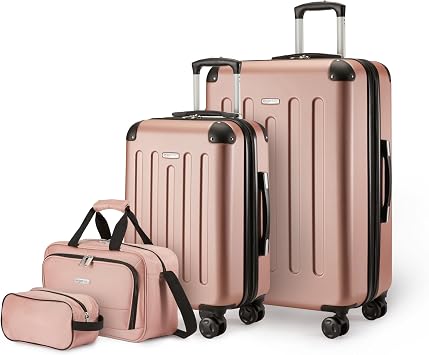 Amazon Basics Hartschalenkoffer-Set, 4Stück, Großer Koffer, Handgepäckkoffer, Tragetasche, Kompakte Reisetasche, Erweiterbar, 4 Spinner-Räder, Roségold