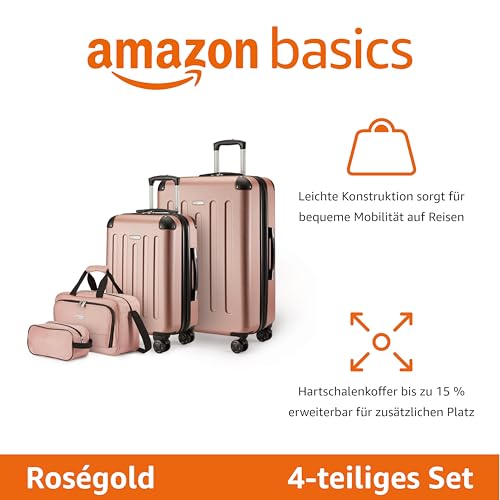 Amazon Basics Hartschalenkoffer-Set, 4Stück, Großer Koffer, Handgepäckkoffer, Tragetasche, Kompakte Reisetasche, Erweiterbar, 4 Spinner-Räder, Roségold