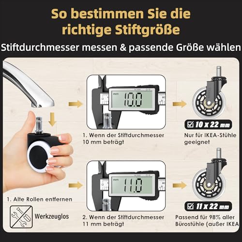 WEWILL Bürostuhl Rollen Stuhlrollen bis 300 kg Schreibtischstuhl Gummirollen Hartbodenrollen, Sehr leise Bürostuhlrollen 5PCS 11x22 mm, Keine Bodenschutzmatte Nötig Keine Kratzer im Boden