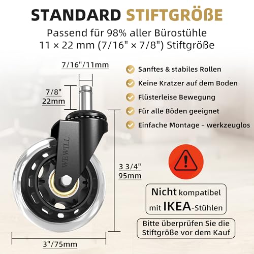 WEWILL Bürostuhl Rollen Stuhlrollen bis 300 kg Schreibtischstuhl Gummirollen Hartbodenrollen, Sehr leise Bürostuhlrollen 5PCS 11x22 mm, Keine Bodenschutzmatte Nötig Keine Kratzer im Boden
