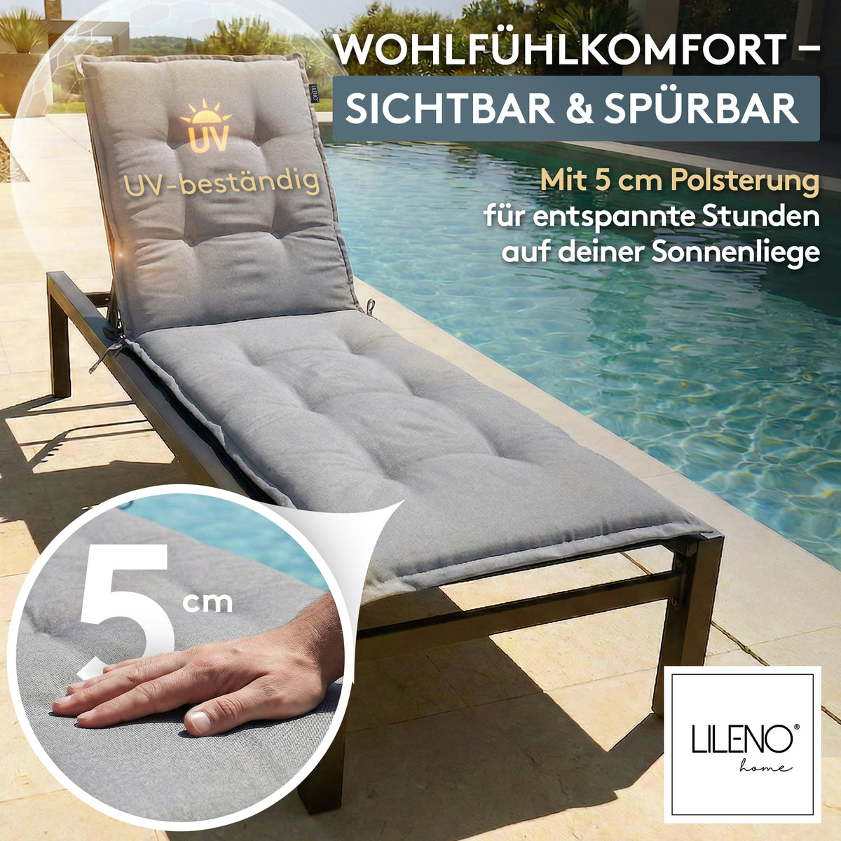 LILENO HOME Sonnenliege Auflage als [1er Set - Rollliege] in Uni Mittelgrau
