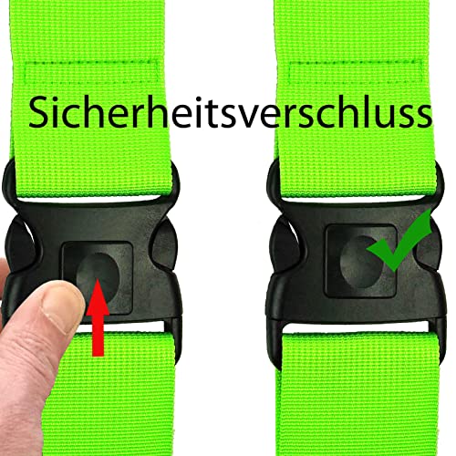 Koffergurt Kofferband Set mit Zusatzverriegelung und Kreuz Funktion Kofferband auffällig Koffergurte 5 cm bis zu 205 cm lang von taschenmann2005 2-er Set Neon Gelb