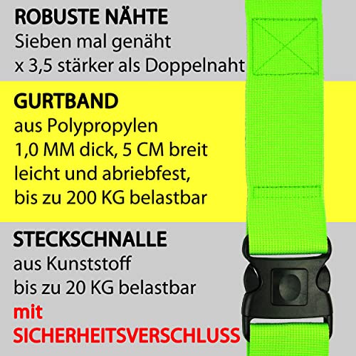 Koffergurt Kofferband Set mit Zusatzverriegelung und Kreuz Funktion Kofferband auffällig Koffergurte 5 cm bis zu 205 cm lang von taschenmann2005 2-er Set Neon Gelb