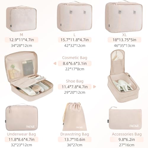 BAGAIL 8 Teilige Packwürfel, Kleidertaschen, Packing Cubes, Verpackungswürfel, Packtaschen Set für Urlaub und Reisen, Kofferorganizer Reise Würfel, Ordnungssystem für Koffer