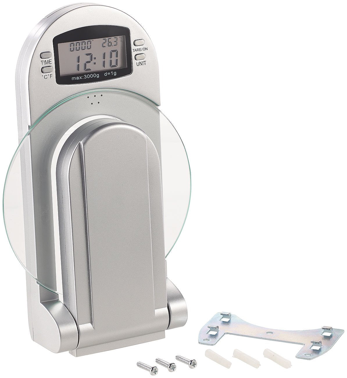 Rosenstein & Söhne Wandwaage: Digitale Küchenwaage zur Wandmontage, klappbar, Timer, 3 kg Tragkraft (Wandküchenwaage, Küchen Wandwaage klappbar, Backen)