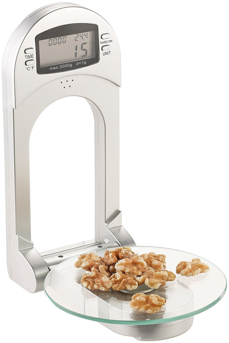 Rosenstein & Söhne Wandwaage: Digitale Küchenwaage zur Wandmontage, klappbar, Timer, 3 kg Tragkraft (Wandküchenwaage, Küchen Wandwaage klappbar, Backen)