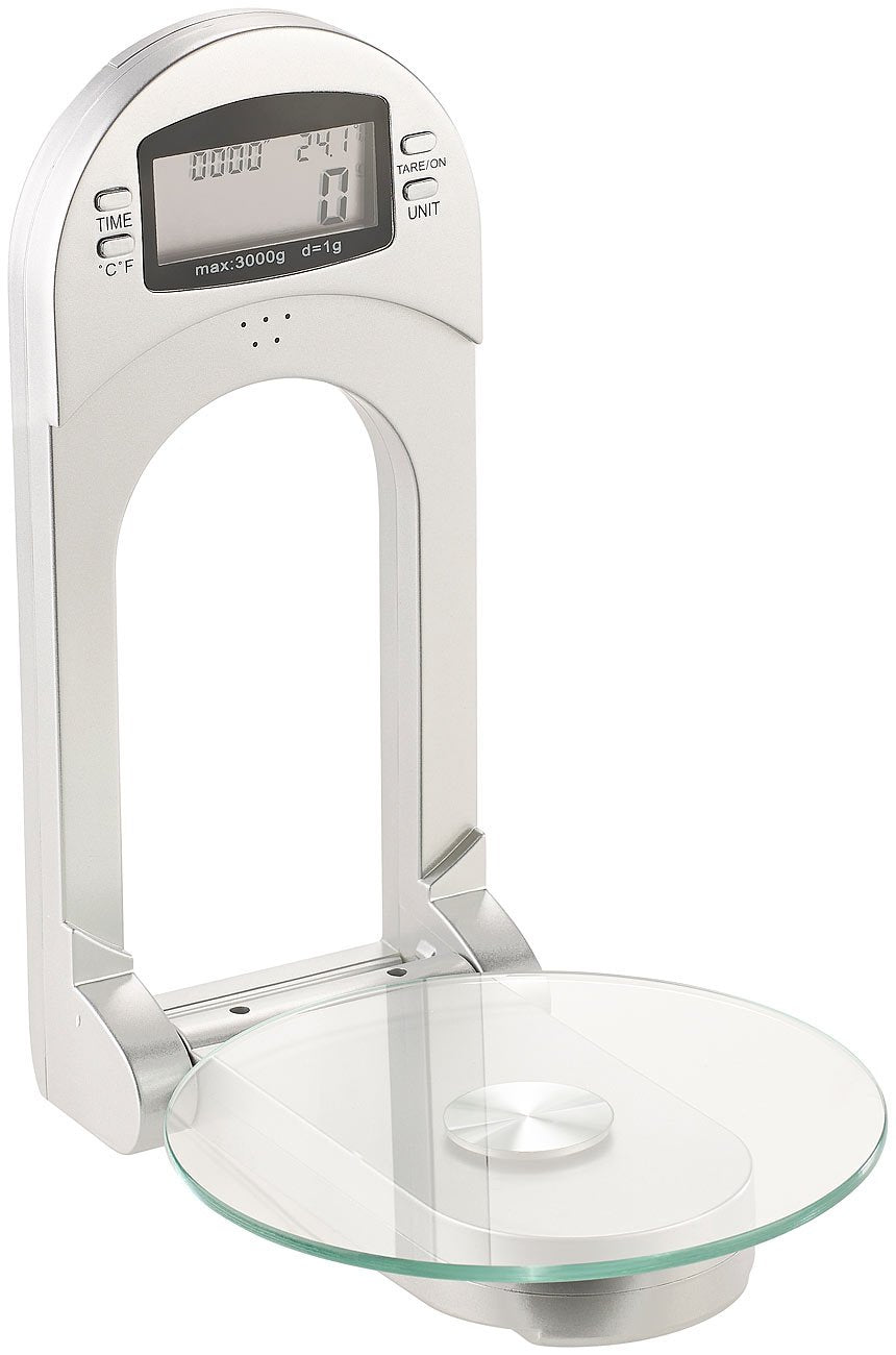 Rosenstein & Söhne Wandwaage: Digitale Küchenwaage zur Wandmontage, klappbar, Timer, 3 kg Tragkraft (Wandküchenwaage, Küchen Wandwaage klappbar, Backen)
