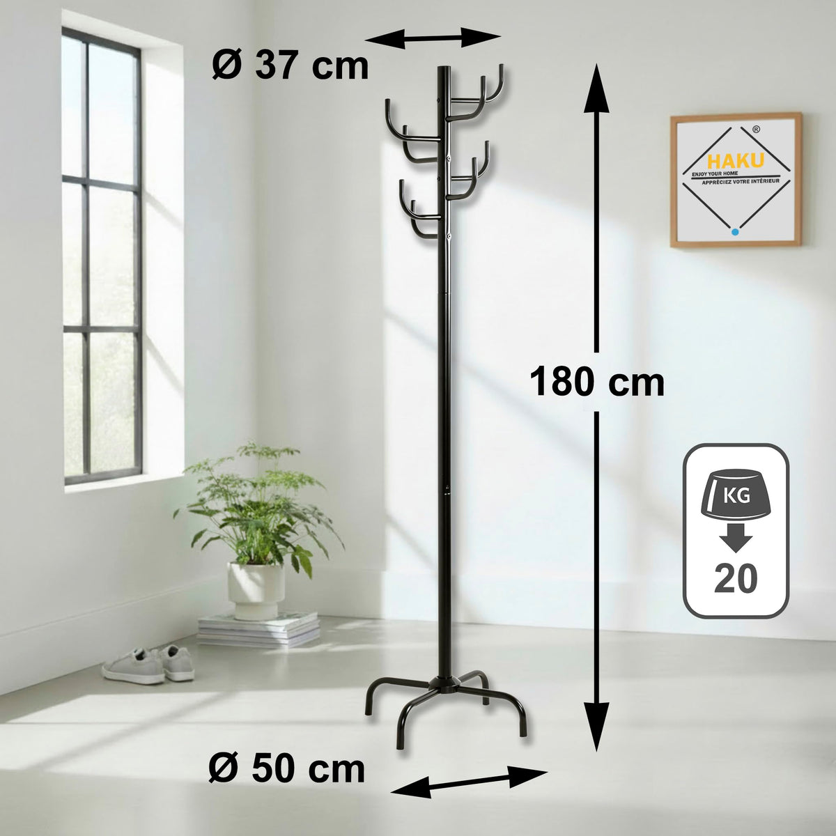 HAKU Garderobenständer schwarz, Metall Standgarderobe - Maße: H 180 x Ø 37 cm, Style: Modern