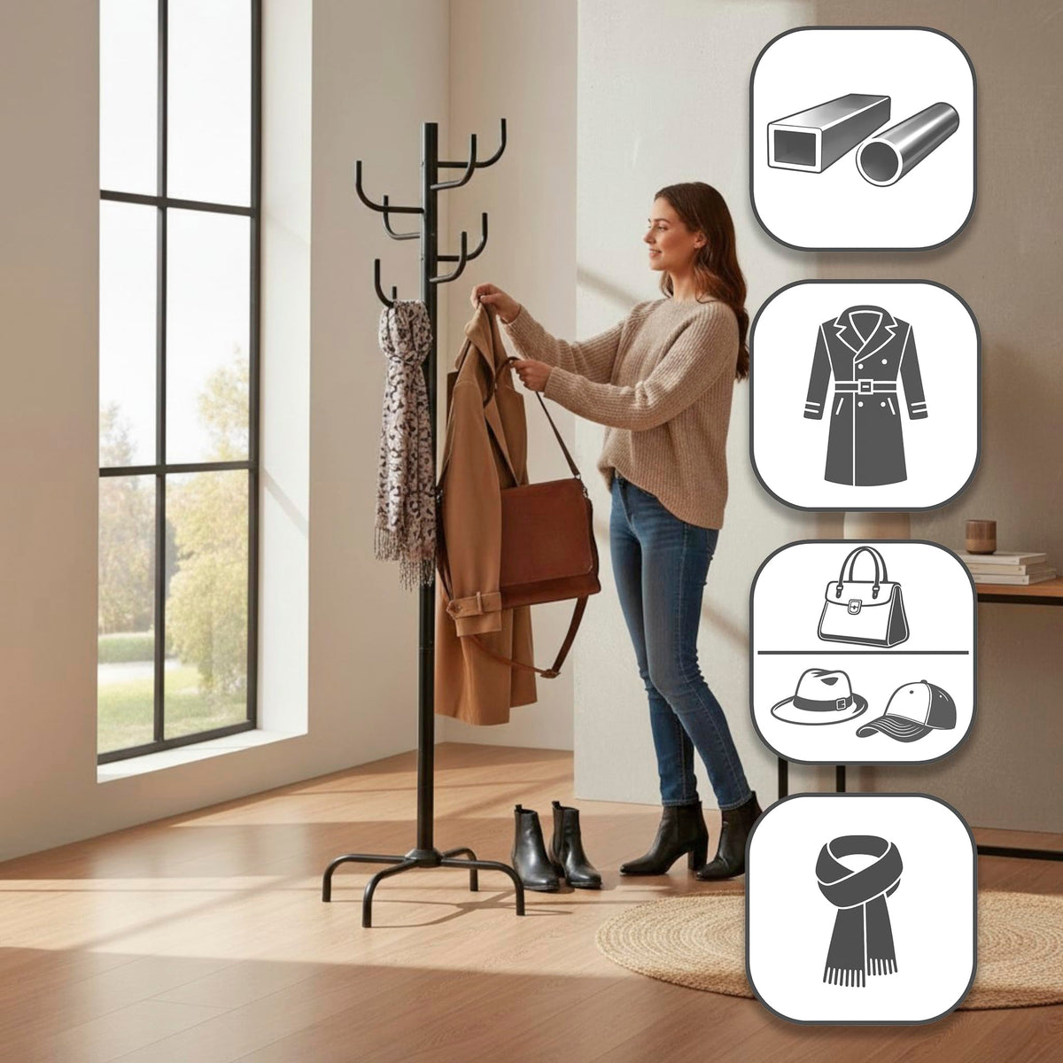 HAKU Garderobenständer schwarz, Metall Standgarderobe - Maße: H 180 x Ø 37 cm, Style: Modern