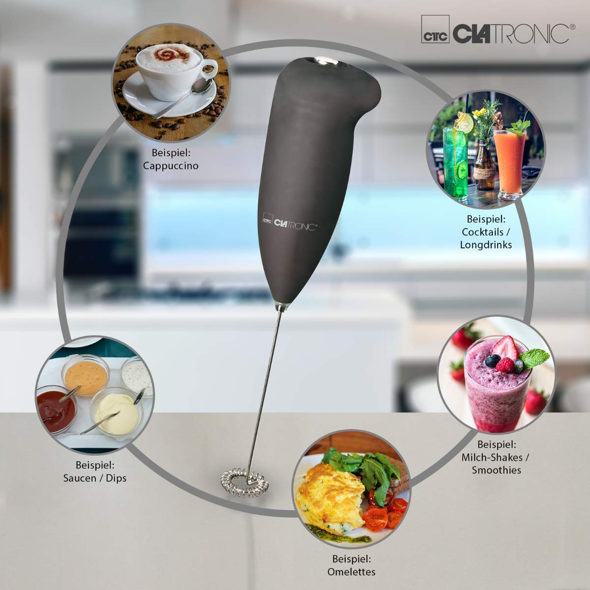 Clatronic® elektrischer Milchaufschäumer | Mixer | Milchschaum in Sekundenschnelle | Milchaufschäumer | Soft - Touch - Gehäuse | Stab | mit Edelstahl - Schaumschläger | MS 3089 schwarz
