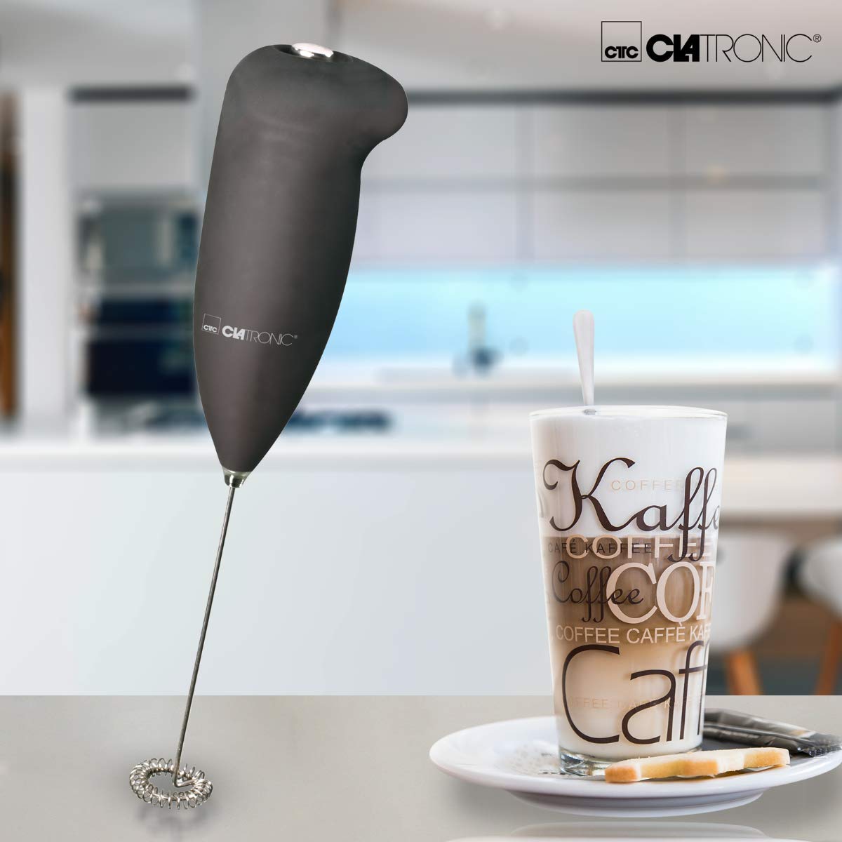Clatronic® elektrischer Milchaufschäumer | Mixer | Milchschaum in Sekundenschnelle | Milchaufschäumer | Soft - Touch - Gehäuse | Stab | mit Edelstahl - Schaumschläger | MS 3089 schwarz