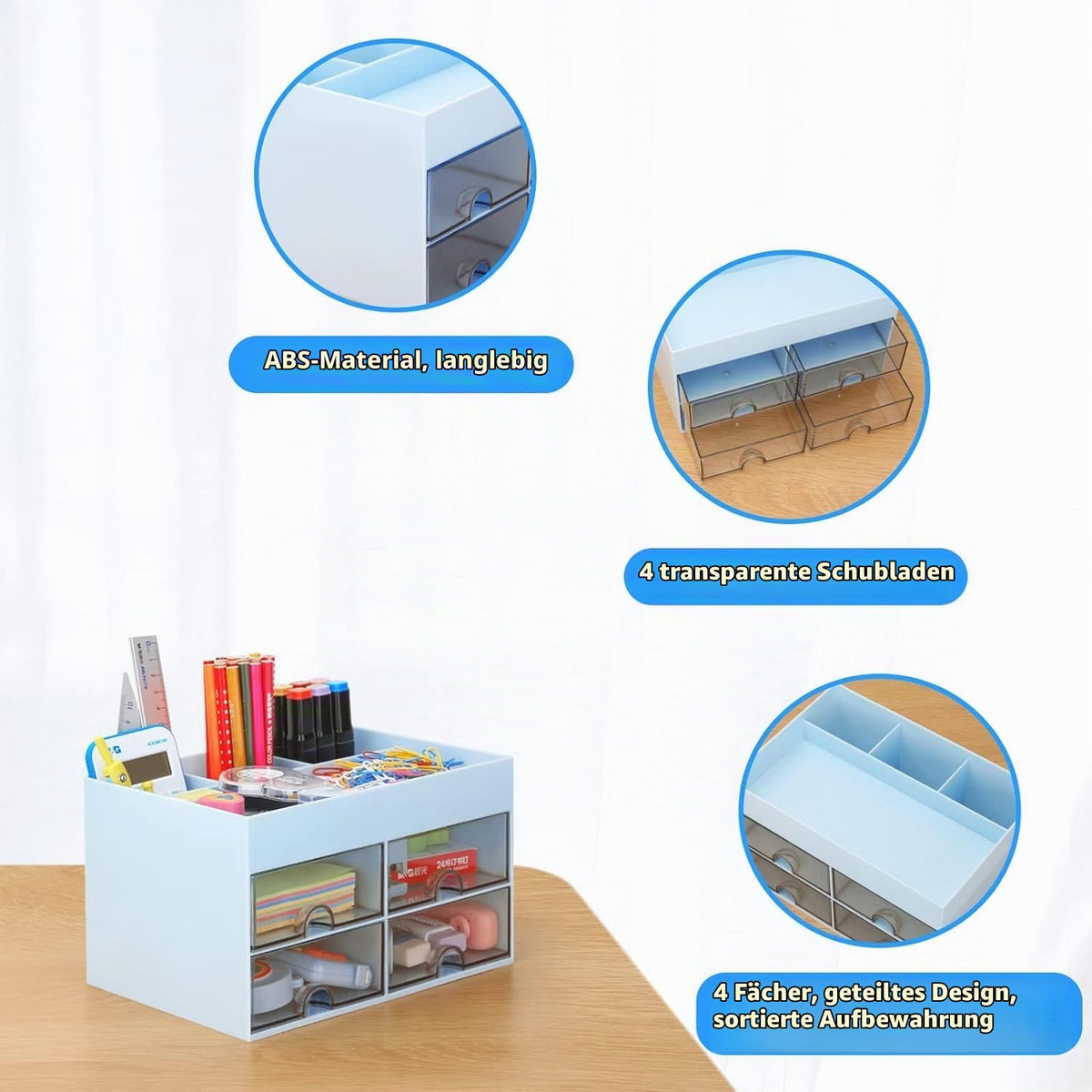 KAHEIGN Schreibtisch Organizer mit 4 Fächern und 4 Schubladen, 19x14cm Multifunktionale Utensilienschalen Stiftehalter, ideal für Schreibtisch Büro Organisation oder Make-up-Organizer