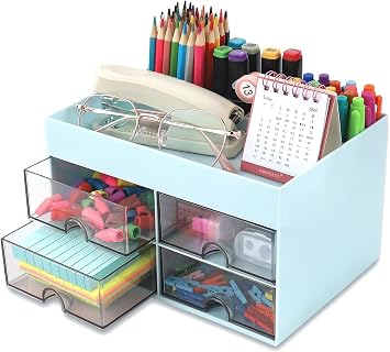 KAHEIGN Schreibtisch Organizer mit 4 Fächern und 4 Schubladen, 19x14cm Multifunktionale Utensilienschalen Stiftehalter, ideal für Schreibtisch Büro Organisation oder Make-up-Organizer
