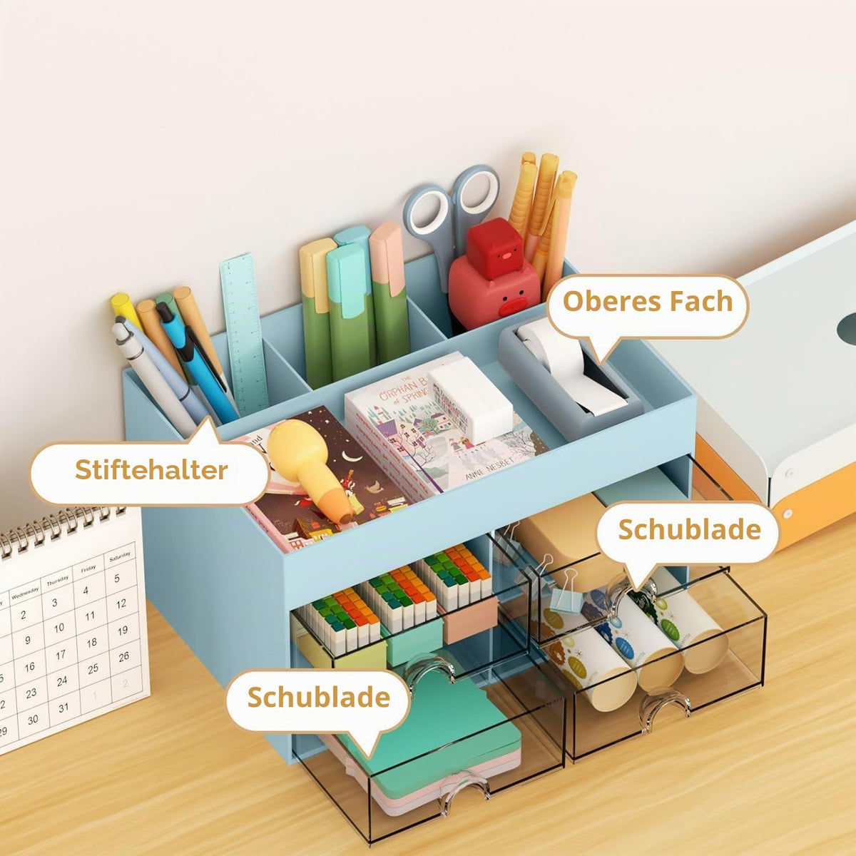 KAHEIGN Schreibtisch Organizer mit 4 Fächern und 4 Schubladen, 19x14cm Multifunktionale Utensilienschalen Stiftehalter, ideal für Schreibtisch Büro Organisation oder Make-up-Organizer
