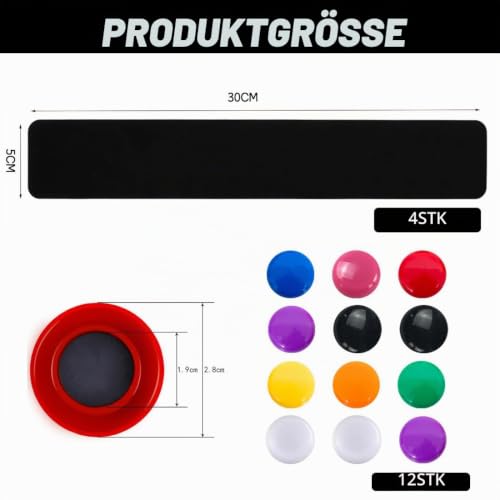 Magnettafel Magnettafeln Memotafel 30 x 5 cm Schwarz Selbstklebend Magnetleisten Magnetboard mit 12 Farben Magnete für Büro Fotowand