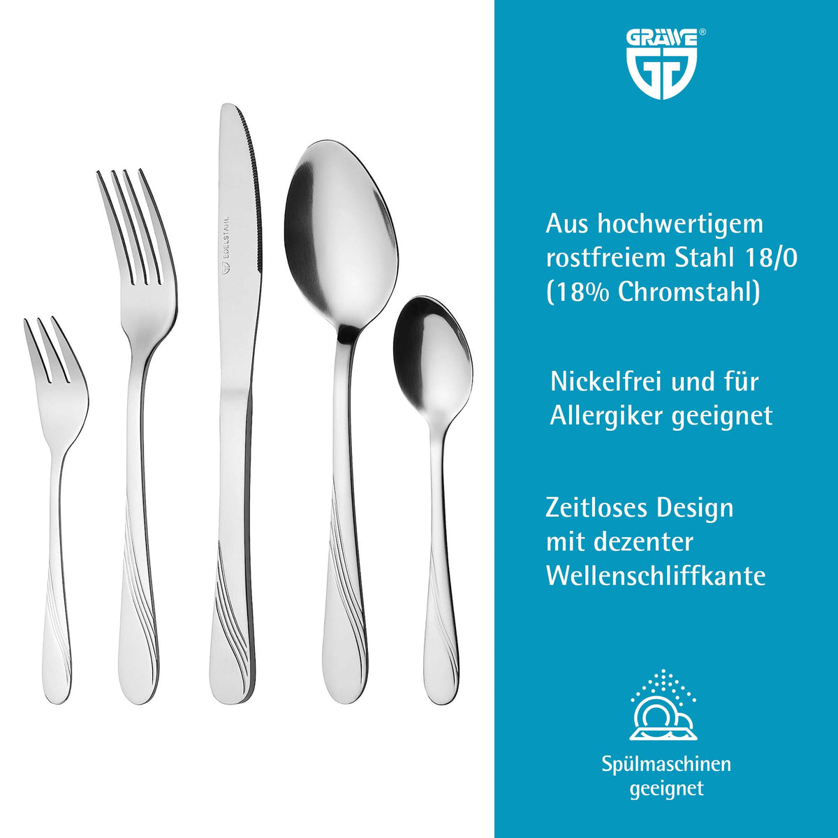 GRÄWE Besteckset für 6 Personen aus Edelstahl, Tafelbesteck Set 30-teilig, nickelfrei, rostfrei, handpoliert, spülmaschinengeeignet - Serie Stralsund
