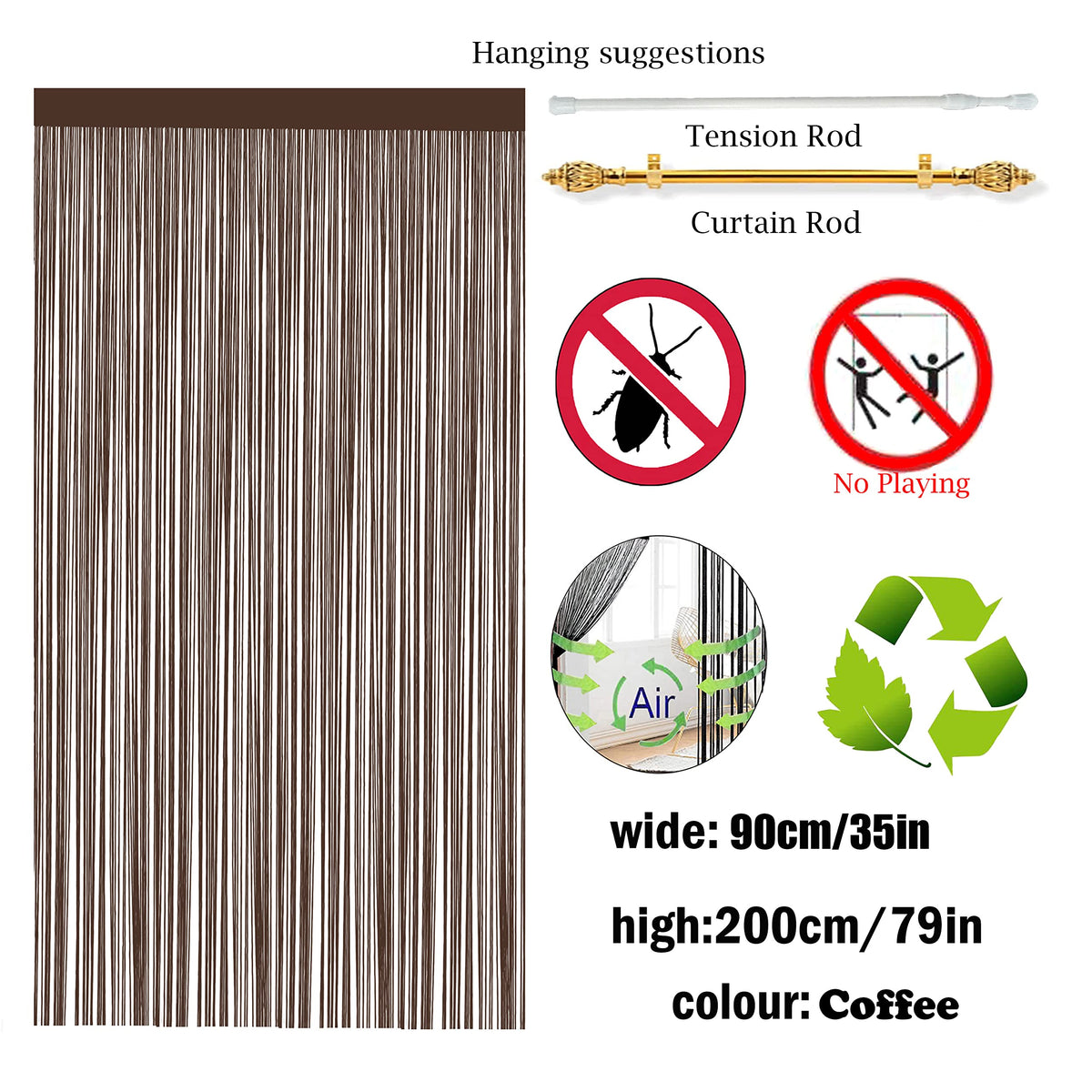 Fadenvorhang Für Türen Insektenschutz Türvorhänge Fliegengitter Fliegenschutz Raumteiler Balkontür Fliegenvorhang Insektenschutz Türvorhang Insektenvorhang Terrassentür(Kaffee 90x200cm)