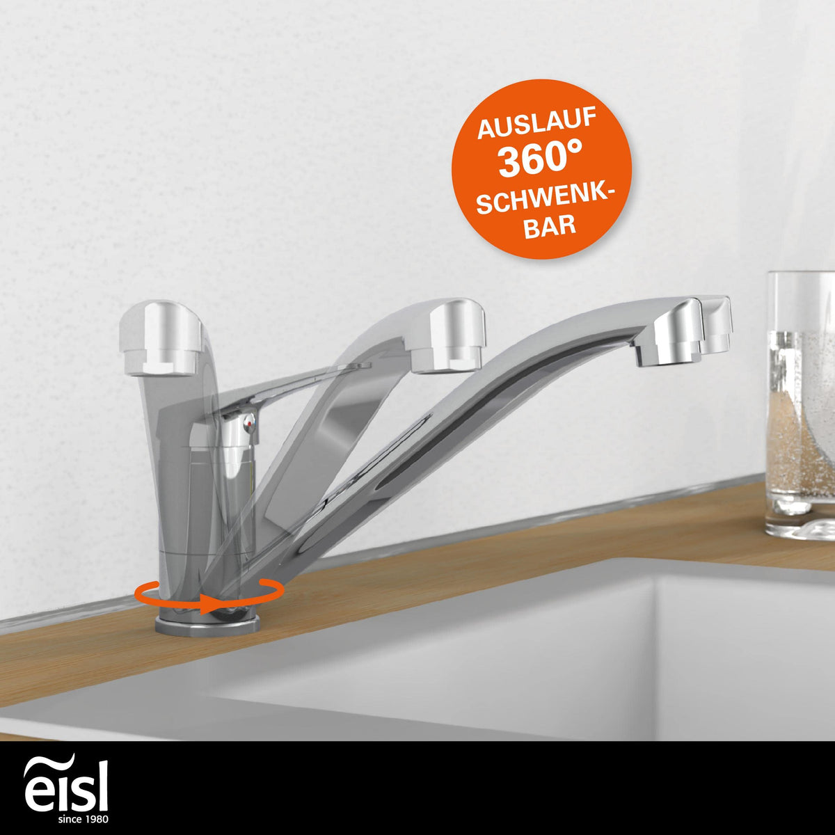 EISL Spültischarmatur SPEED, 360° schwenkbarer Wasserhahn Küche, ideale Küchenarmatur für Doppelspülbecken, Einhebelmischer Chrom, NI182SCR