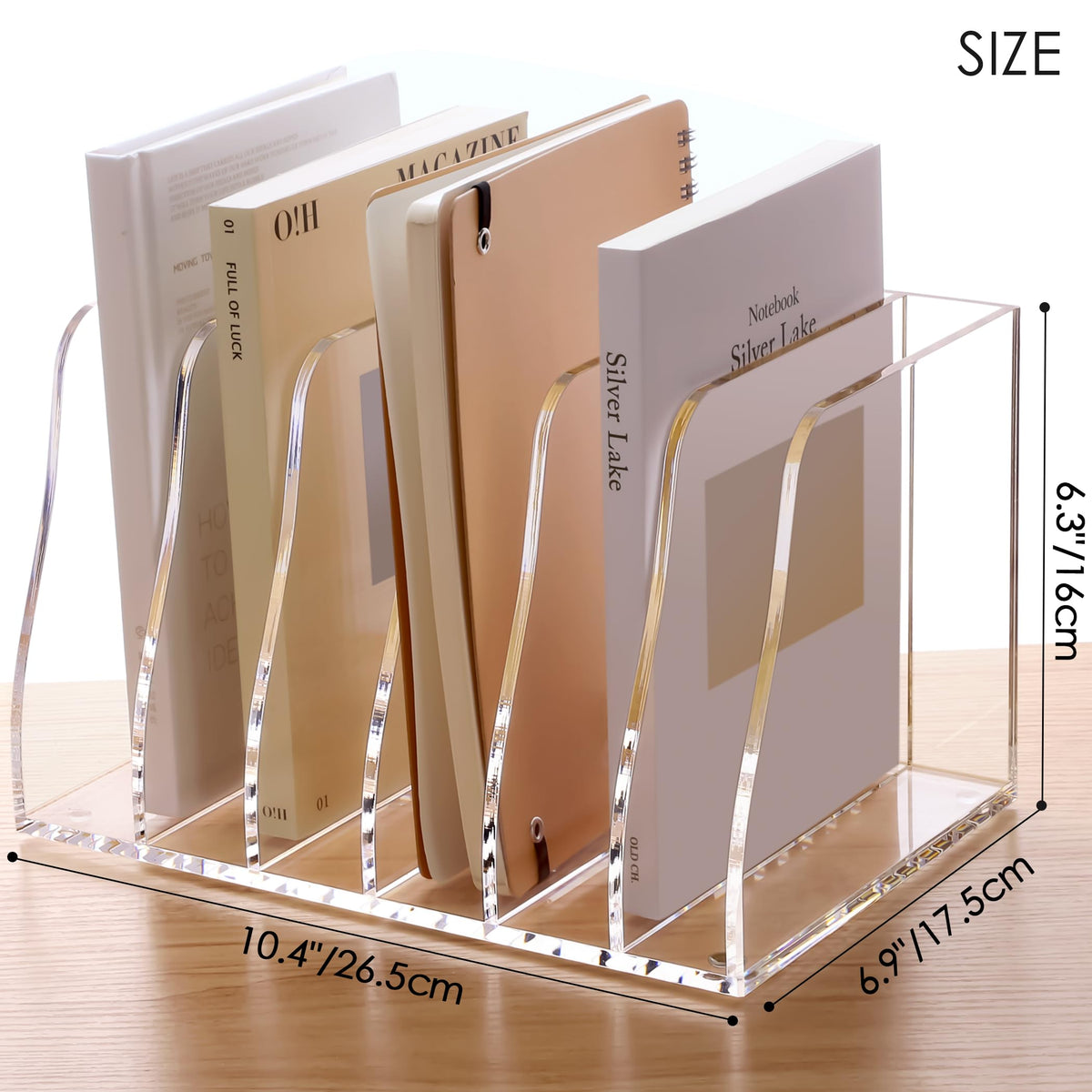 SANRUI Schreibtisch-Organizer aus Acryl, 6 Fächer, vertikaler Ordnerhalter, transparenter Zeitschriftenhalter, perfekt für Büro, Zuhause oder Schule, effiziente Dokumentenaufbewahrung und