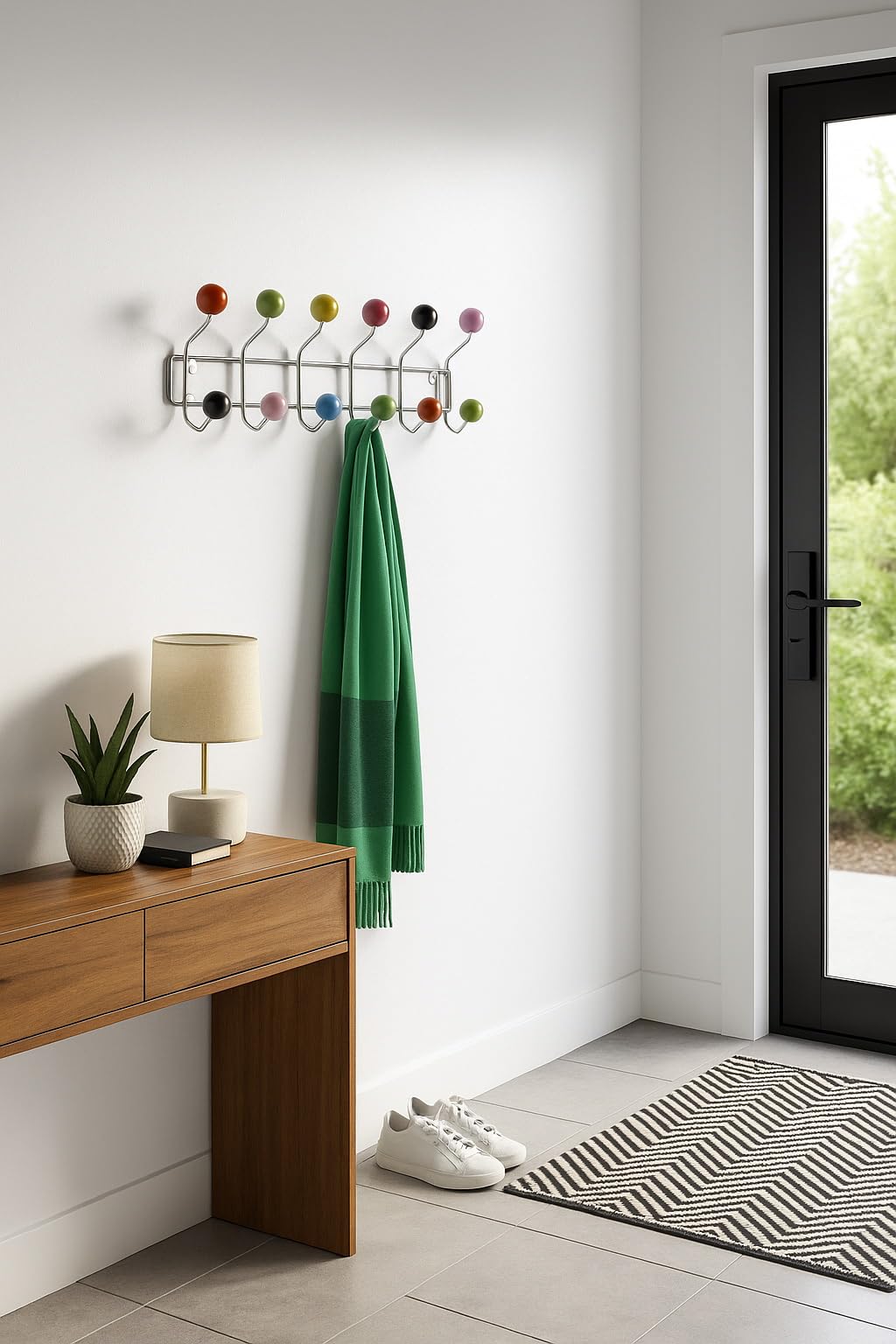 Delux Wandgarderobe mit 12 Haken, Chromoptik, bunte Keramikkugeln