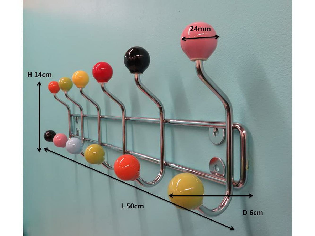 Delux Wandgarderobe mit 12 Haken, Chromoptik, bunte Keramikkugeln