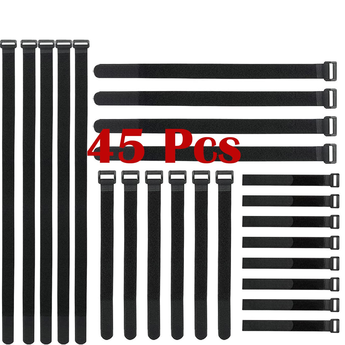 Honyear 45 Stück wiederverwendbare Klett-Kabelbinder, kabelbinder Klettverschluss, 4 verschiedene Längen, universell einsetzbar, schwarz