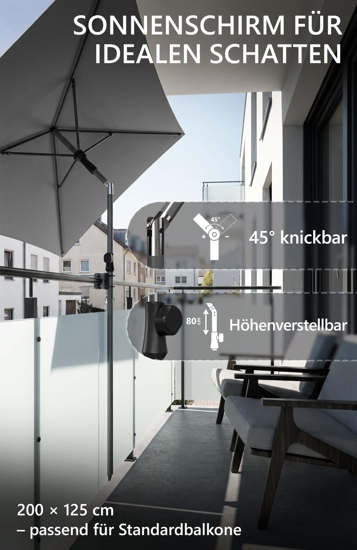 4smile Sonnenschirm Balkon 200 × 125 cm, Anthrazit