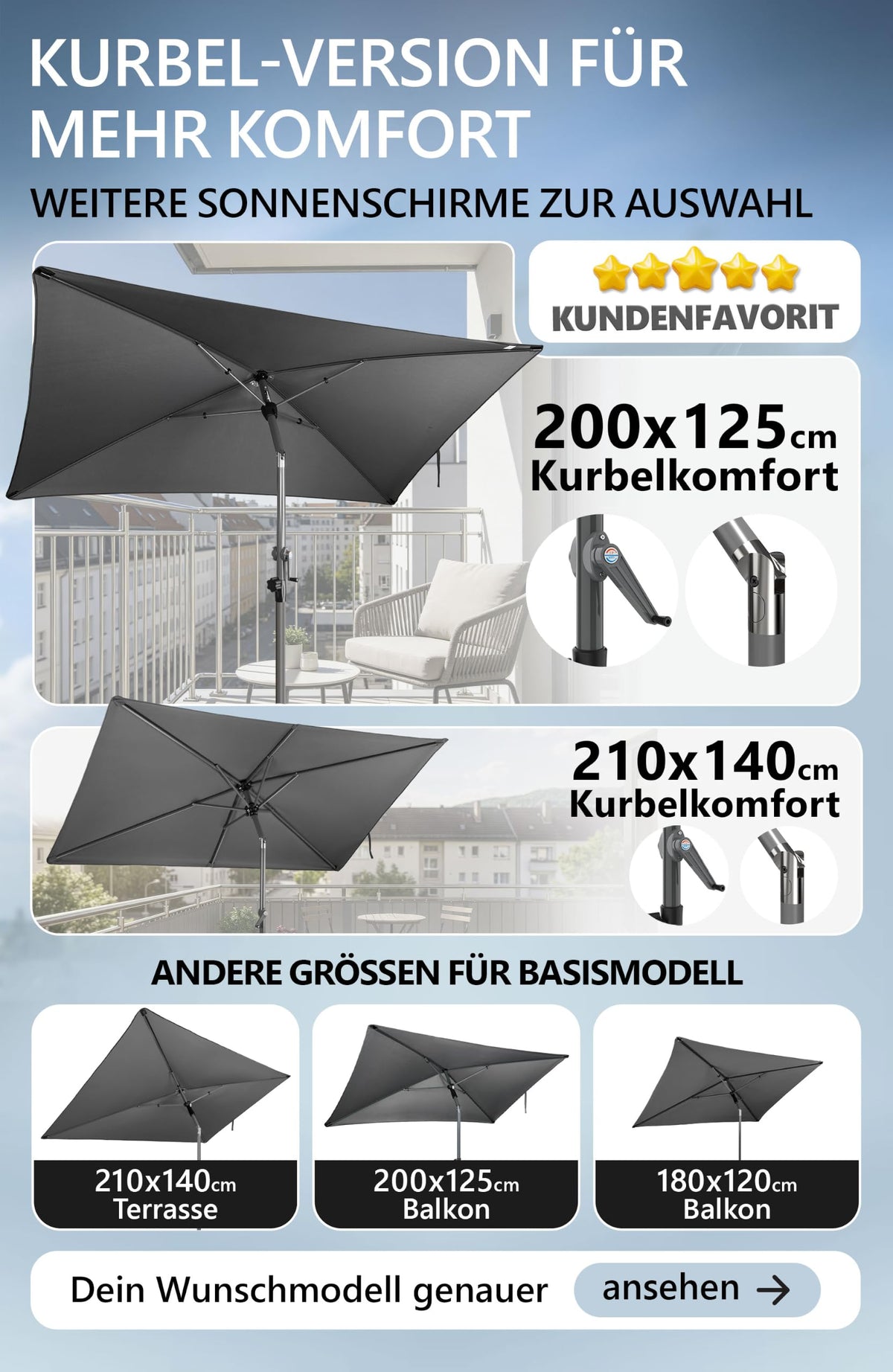 4smile Sonnenschirm Balkon 200 × 125 cm, Anthrazit